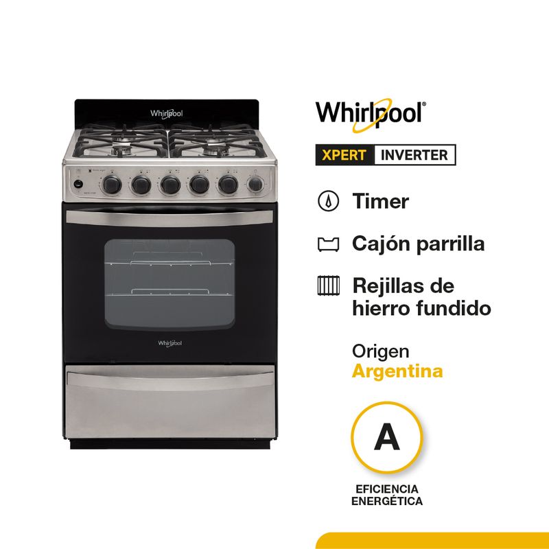 Cocina Multigas 56cm Inox Cajón parilla hierro fundido
